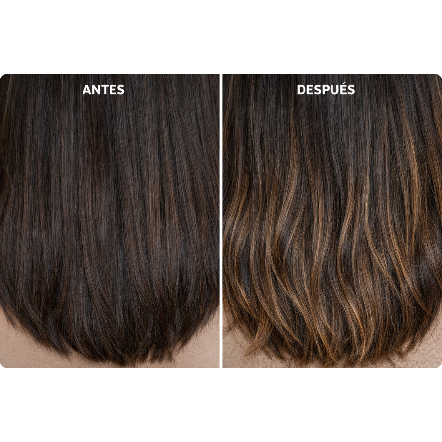 Antes y después de babylights en cabello moreno con contraste sutil